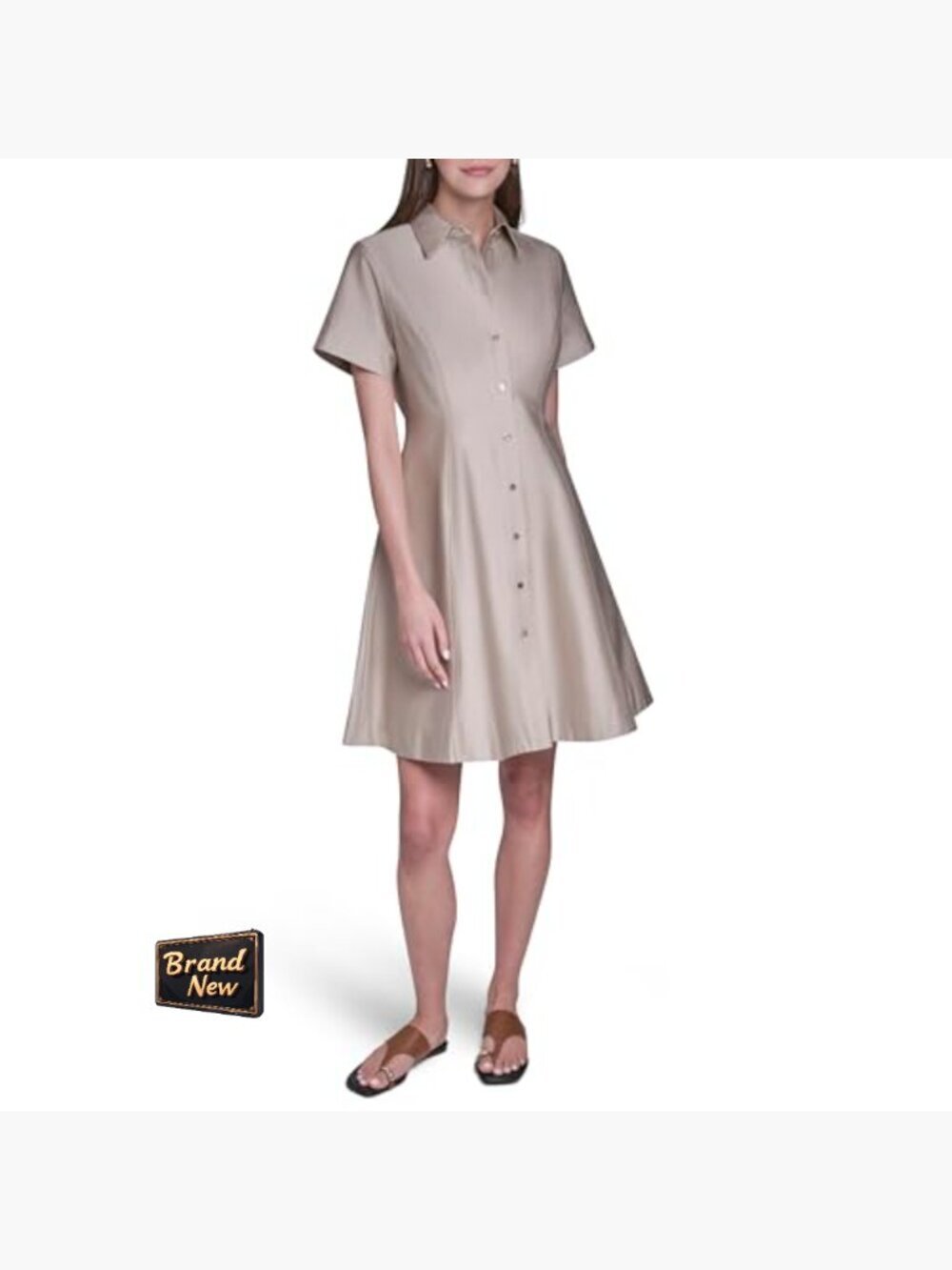 Short Sleeve Button Up Cotton Sateen Shirt Dress Midi Knee-Length - Picture 6 of 7